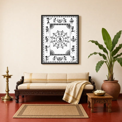 Experience the lively spirit of village life with this captivating Warli art piece, showcasing for Living Room