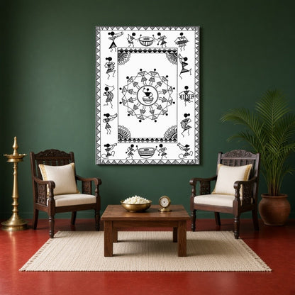 Experience the lively spirit of village life with this captivating Warli art piece, showcasing for Sitting Area