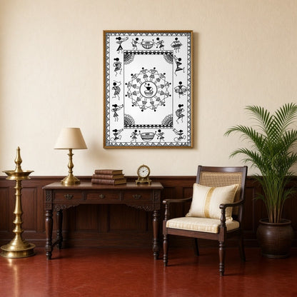 Experience the lively spirit of village life with this captivating Warli art piece, showcasing for Study
