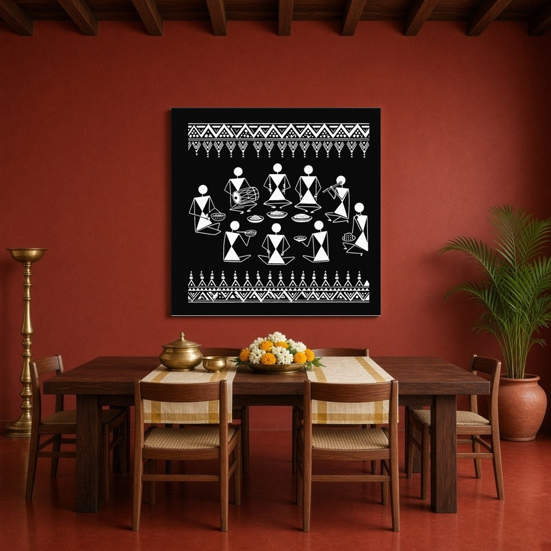 Experience the vibrancy of traditional life with this stunning Warli art piece depicting a festive for Dining