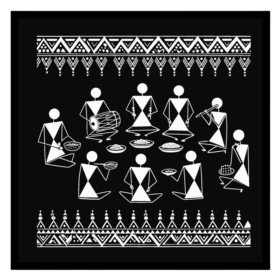 Experience the vibrancy of traditional life with this stunning Warli art piece depicting a festive for dwelling