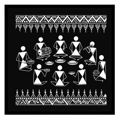 Experience the vibrancy of traditional life with this stunning Warli art piece depicting a festive for dwelling