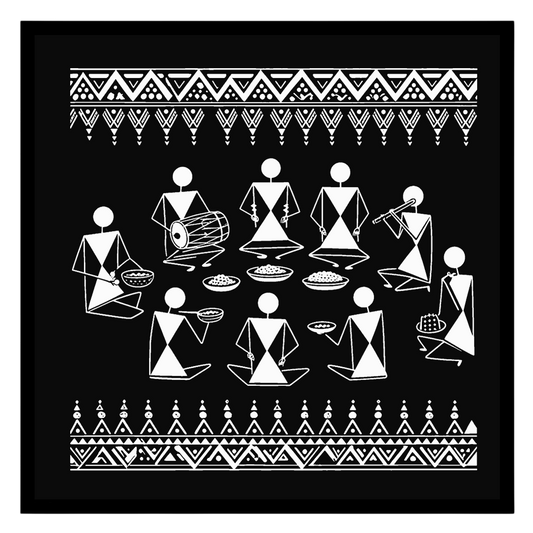 Experience the vibrancy of traditional life with this stunning Warli art piece depicting a festive for dwelling