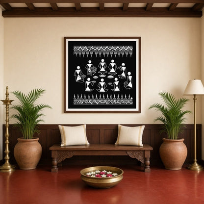 Experience the vibrancy of traditional life with this stunning Warli art piece depicting a festive for Entrance