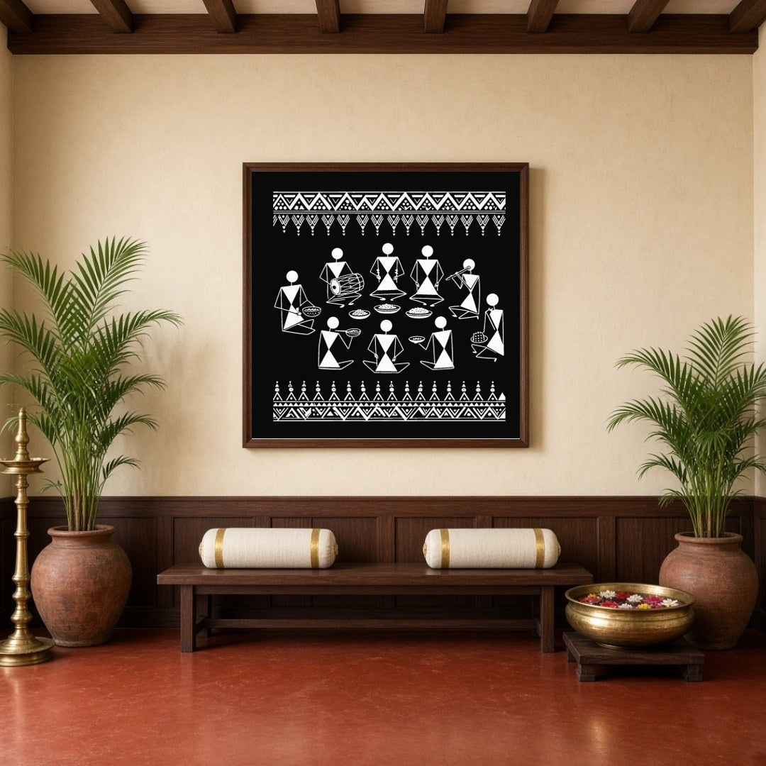 Experience the vibrancy of traditional life with this stunning Warli art piece depicting a festive for Hallway