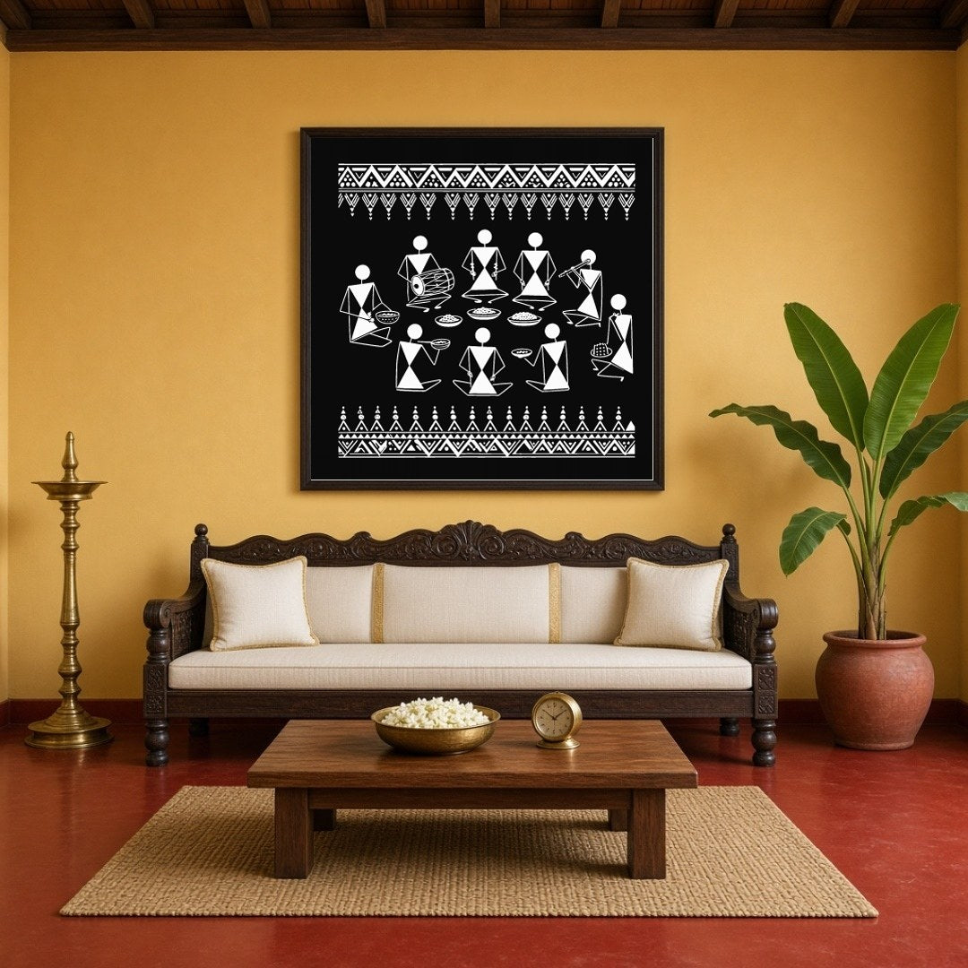 Experience the vibrancy of traditional life with this stunning Warli art piece depicting a festive for Living Room