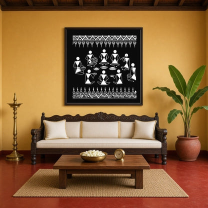 Experience the vibrancy of traditional life with this stunning Warli art piece depicting a festive for Living Room