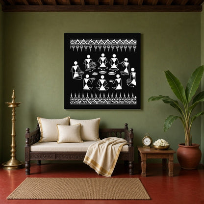 Experience the vibrancy of traditional life with this stunning Warli art piece depicting a festive for Sitting Area