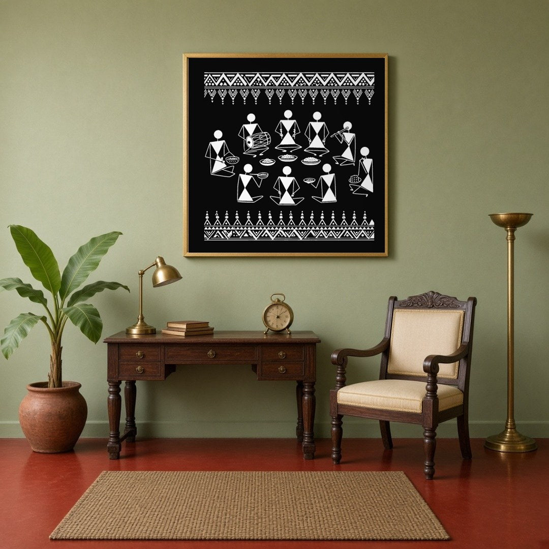 Experience the vibrancy of traditional life with this stunning Warli art piece depicting a festive for Study