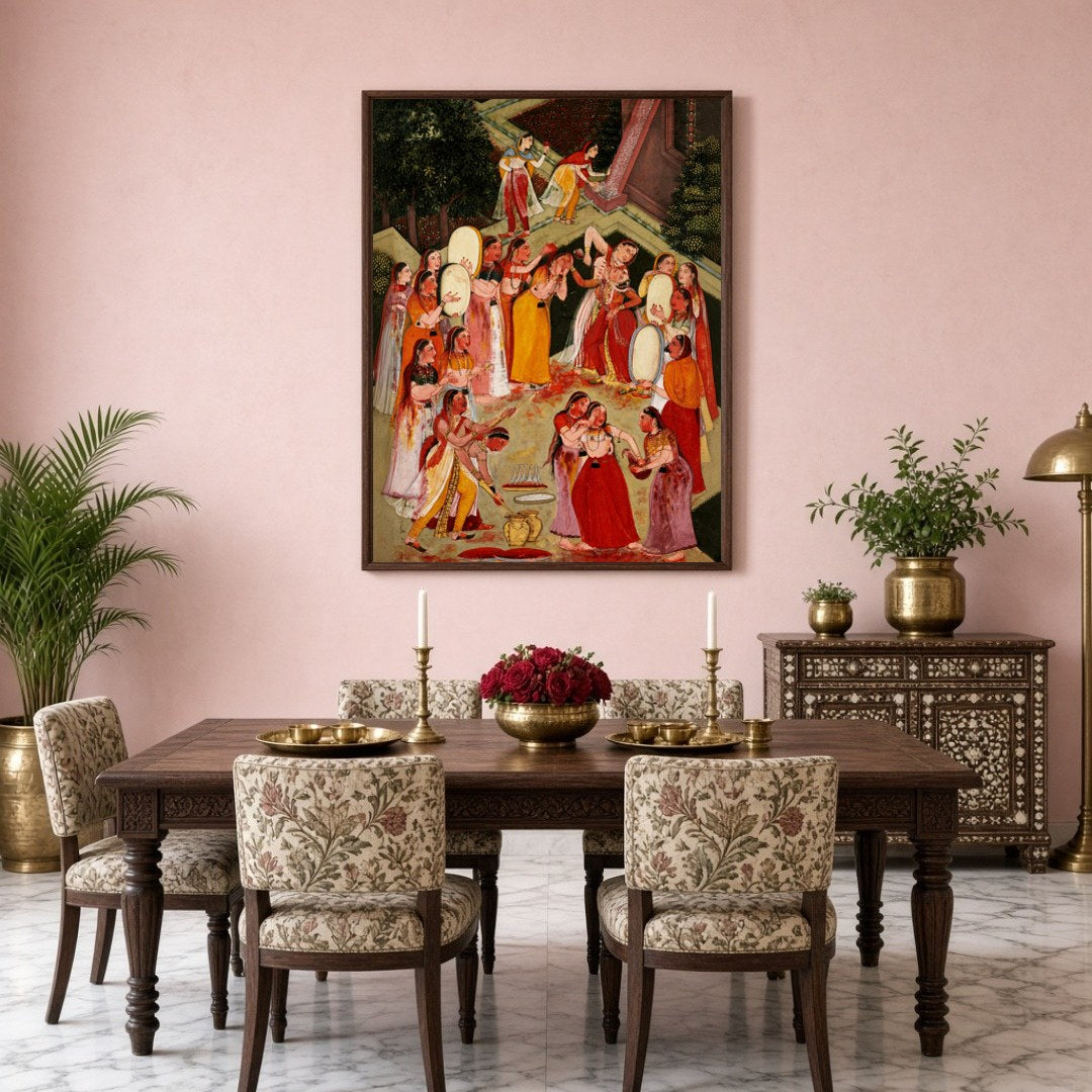 This captivating art piece captures the vibrant spirit of Holi, with Lord Krishna joyfully for Dining