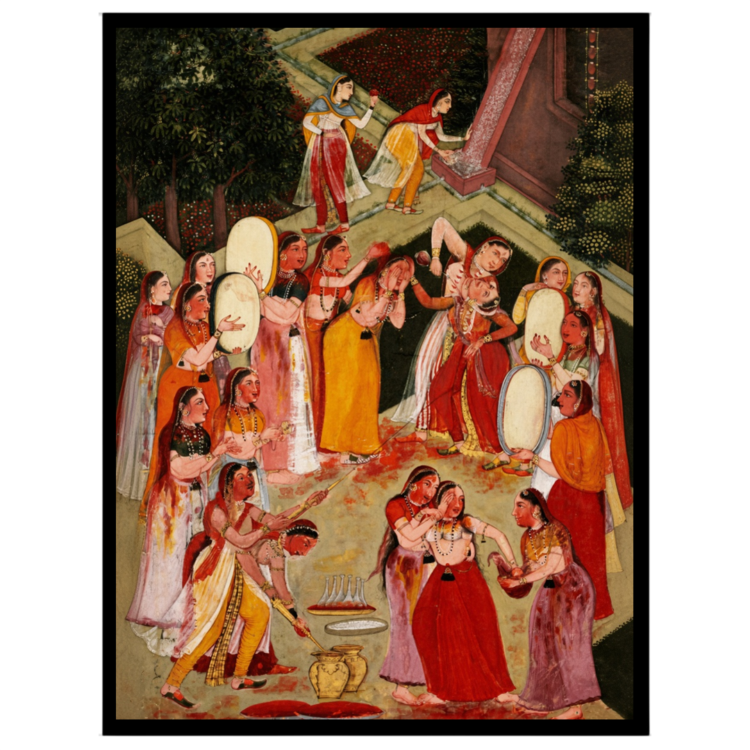 This captivating art piece captures the vibrant spirit of Holi, with Lord Krishna joyfully for dwelling