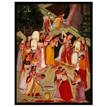 This captivating art piece captures the vibrant spirit of Holi, with Lord Krishna joyfully for dwelling