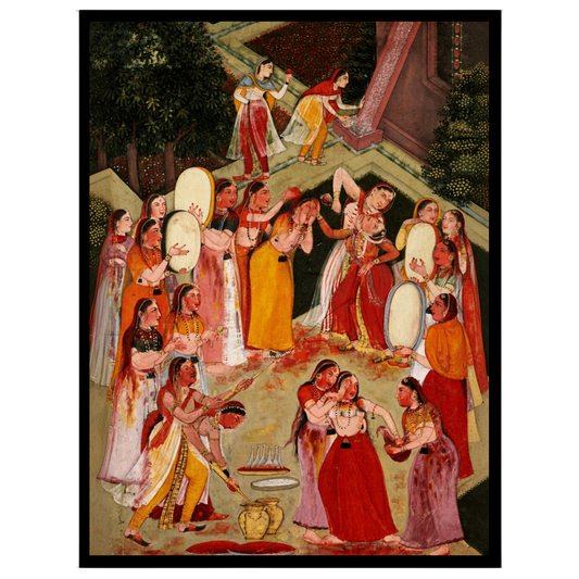 This captivating art piece captures the vibrant spirit of Holi, with Lord Krishna joyfully for dwelling