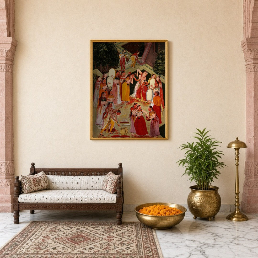 This captivating art piece captures the vibrant spirit of Holi, with Lord Krishna joyfully for Entrance