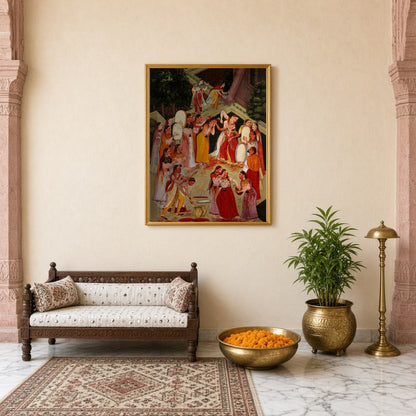 This captivating art piece captures the vibrant spirit of Holi, with Lord Krishna joyfully for Entrance