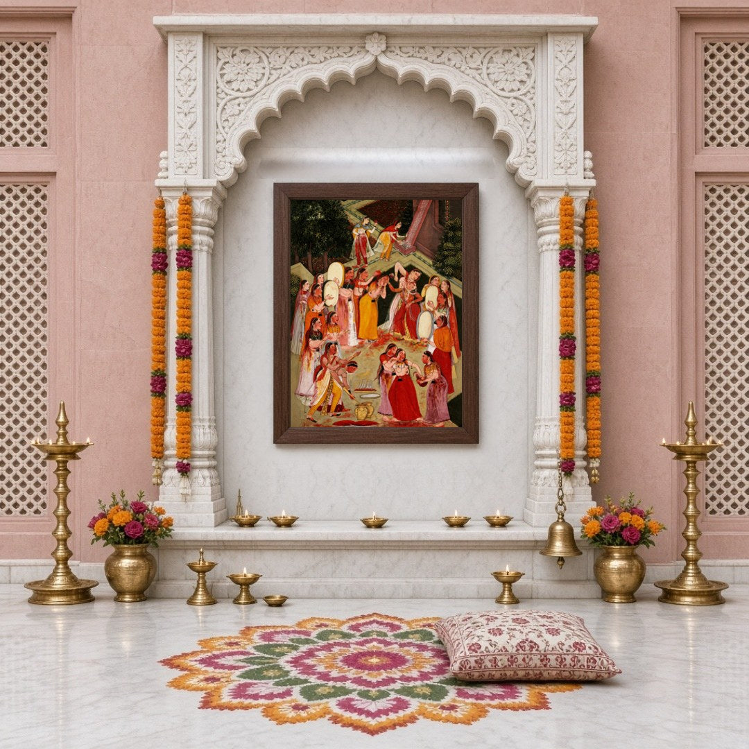 This captivating art piece captures the vibrant spirit of Holi, with Lord Krishna joyfully for Home Temple