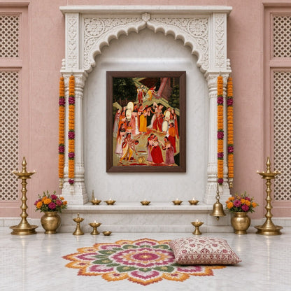 This captivating art piece captures the vibrant spirit of Holi, with Lord Krishna joyfully for Home Temple