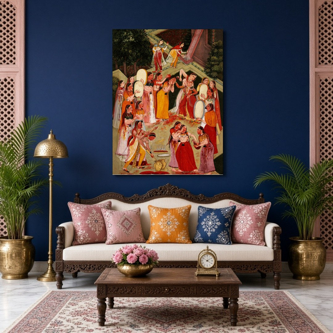 This captivating art piece captures the vibrant spirit of Holi, with Lord Krishna joyfully for Living Room