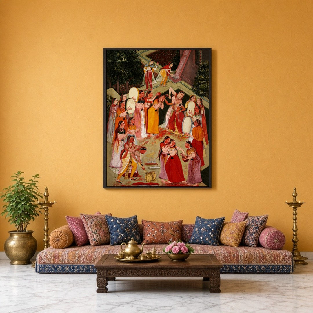 This captivating art piece captures the vibrant spirit of Holi, with Lord Krishna joyfully for Sitting Lounge
