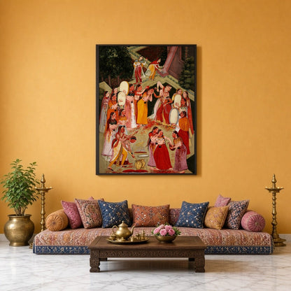 This captivating art piece captures the vibrant spirit of Holi, with Lord Krishna joyfully for Sitting Lounge