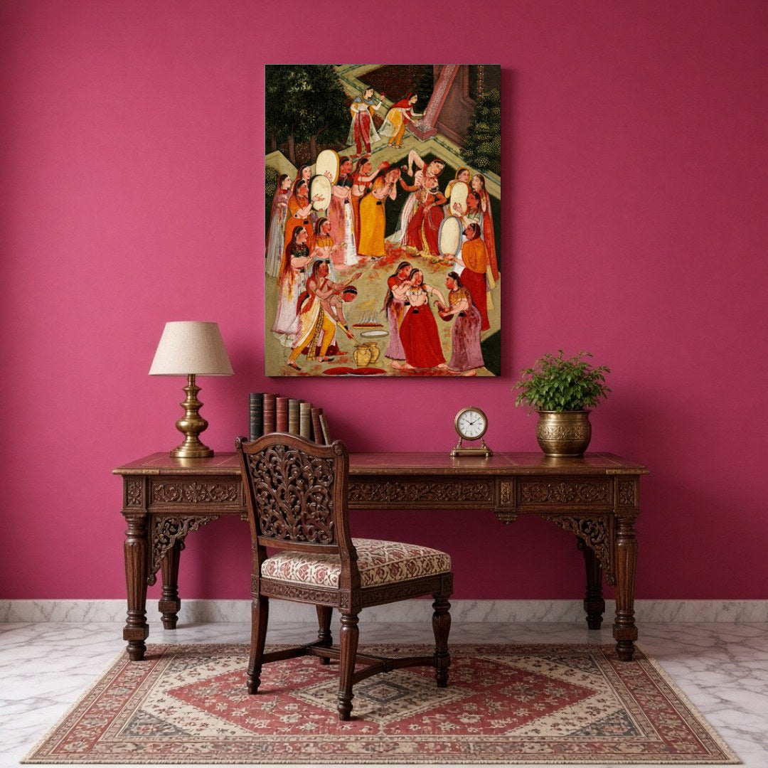This captivating art piece captures the vibrant spirit of Holi, with Lord Krishna joyfully for Study