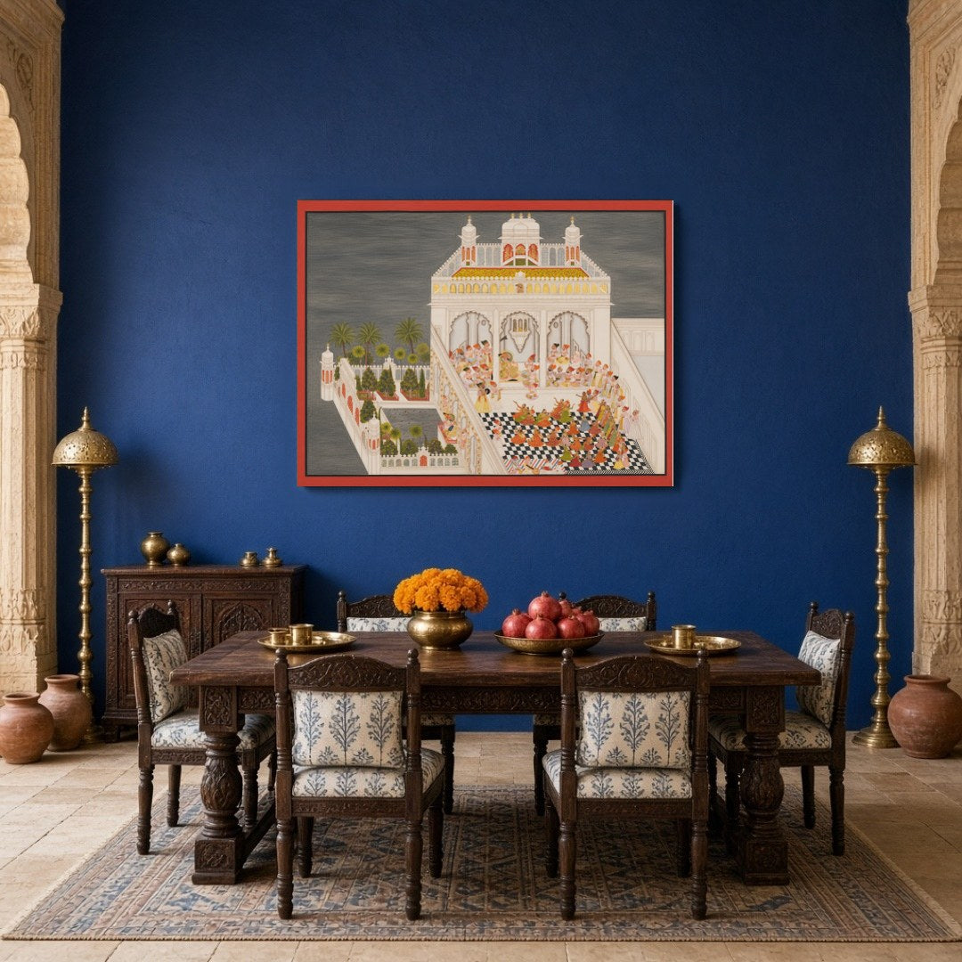 Immerse yourself in the exquisite elegance of Indo-Mughal art with this captivating portrayal of a for Dining