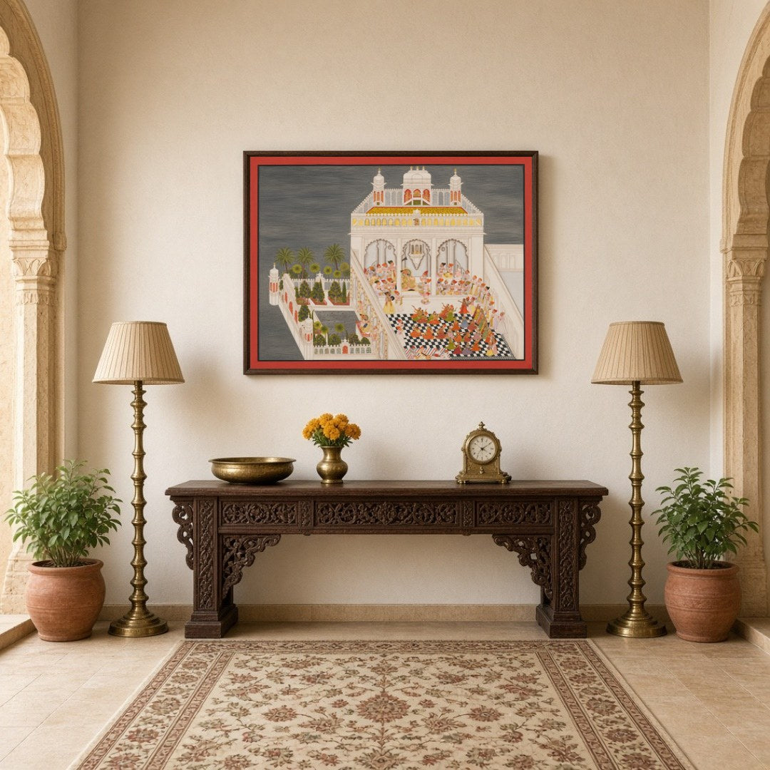 Immerse yourself in the exquisite elegance of Indo-Mughal art with this captivating portrayal of a for Hallway