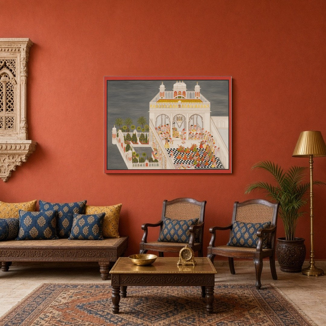 Immerse yourself in the exquisite elegance of Indo-Mughal art with this captivating portrayal of a for Sitting Area