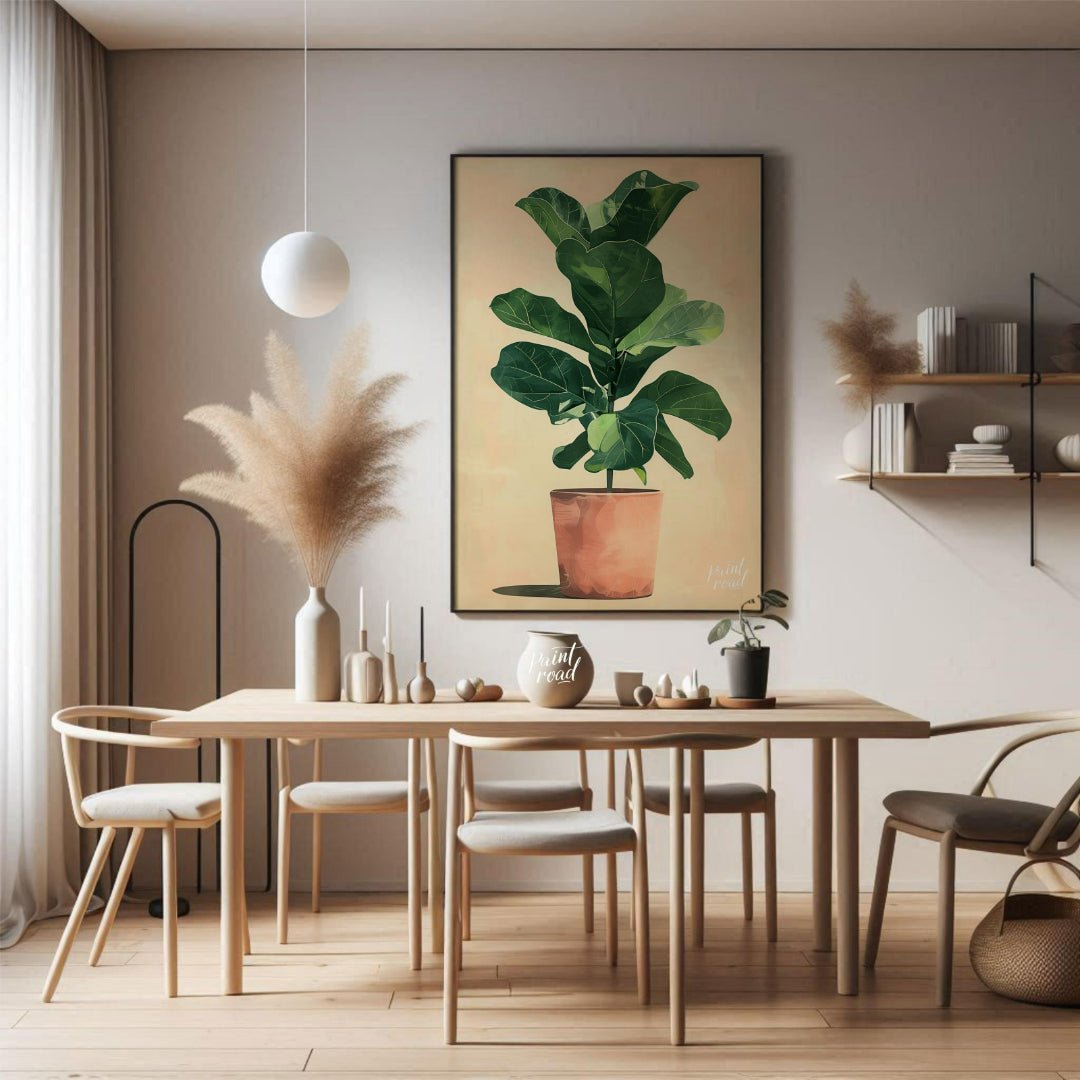 This charming and contemporary illustration features a tall, healthy Fiddle Leaf Fig plant, a popul… for dining room