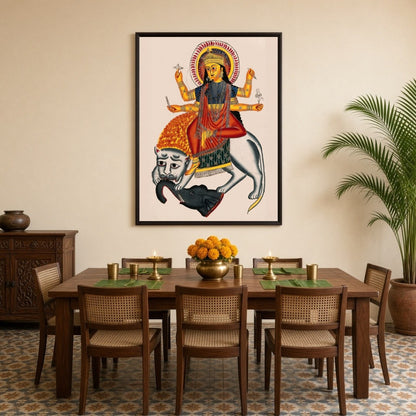 Experience the divine power and courage with this stunning Kalighat artwork featuring Goddess for Dining