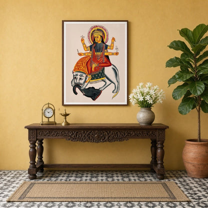Experience the divine power and courage with this stunning Kalighat artwork featuring Goddess for Entrance