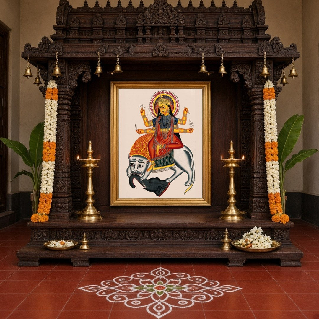 Experience the divine power and courage with this stunning Kalighat artwork featuring Goddess for Home Temple