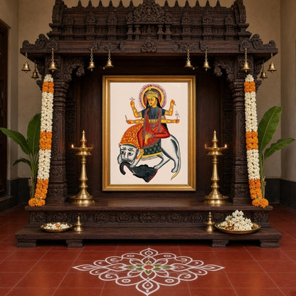 Experience the divine power and courage with this stunning Kalighat artwork featuring Goddess for Home Temple