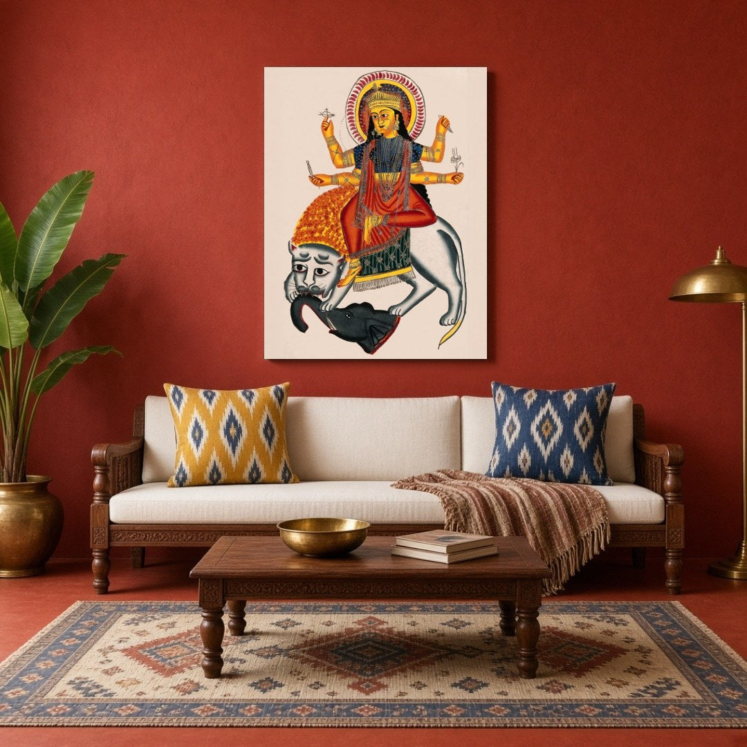 Experience the divine power and courage with this stunning Kalighat artwork featuring Goddess for Living Room