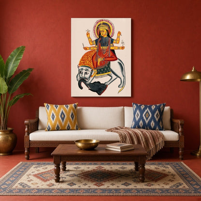 Experience the divine power and courage with this stunning Kalighat artwork featuring Goddess for Living Room