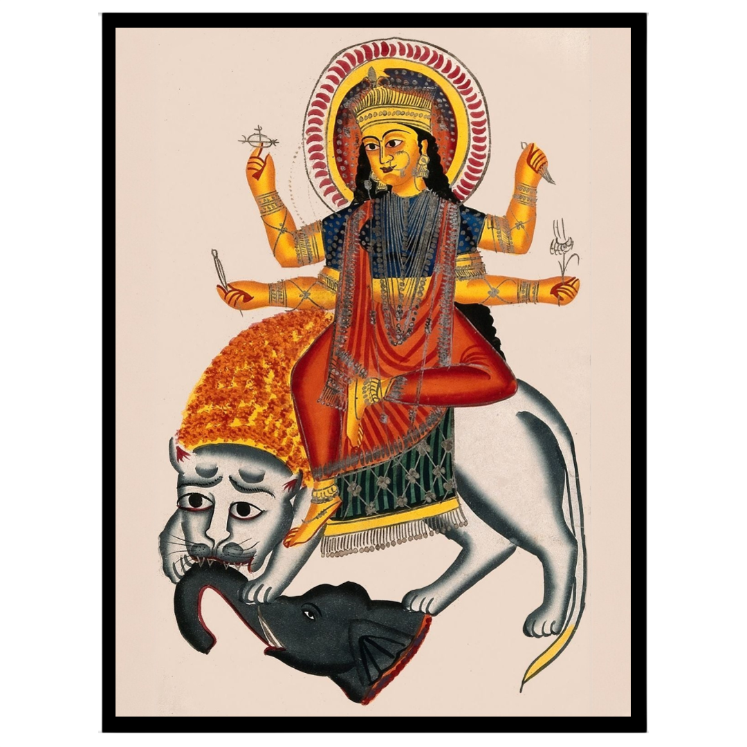 Experience the divine power and courage with this stunning Kalighat artwork featuring Goddess for room