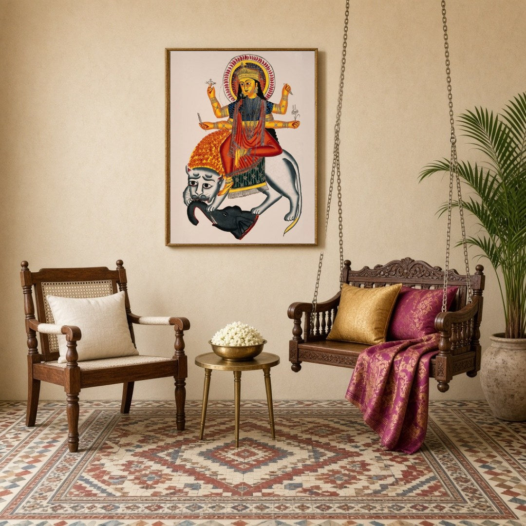Experience the divine power and courage with this stunning Kalighat artwork featuring Goddess for Sitting Lounge