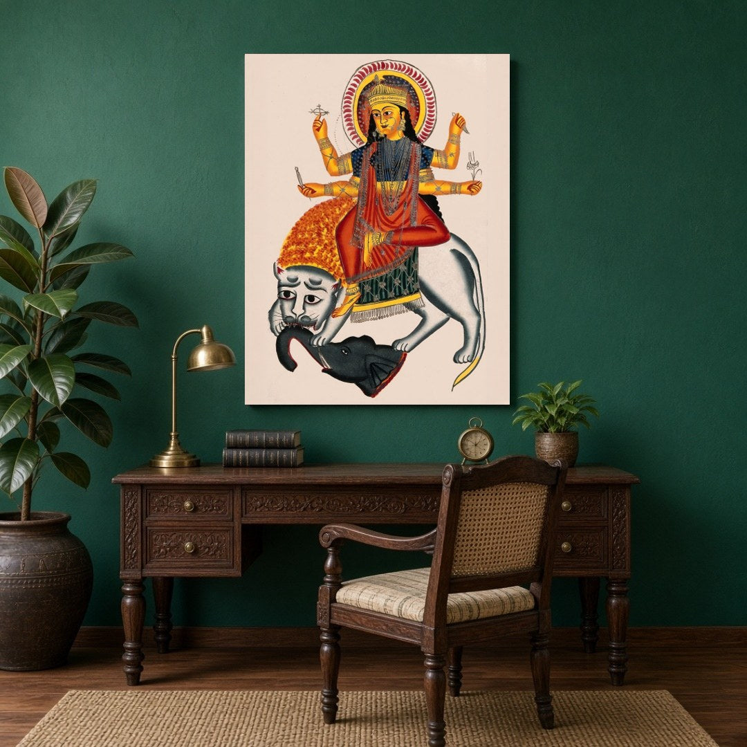 Experience the divine power and courage with this stunning Kalighat artwork featuring Goddess for Study