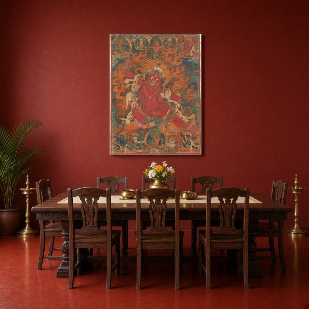 Immerse yourself in the potent energy of 'Fierce Protector of Enlightenment,' a captivating Thangka for Dining