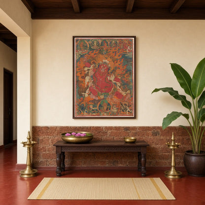 Immerse yourself in the potent energy of 'Fierce Protector of Enlightenment,' a captivating Thangka for Hallway