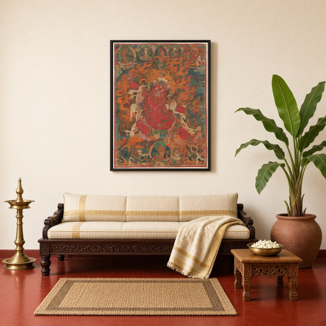 Immerse yourself in the potent energy of 'Fierce Protector of Enlightenment,' a captivating Thangka for Living Room