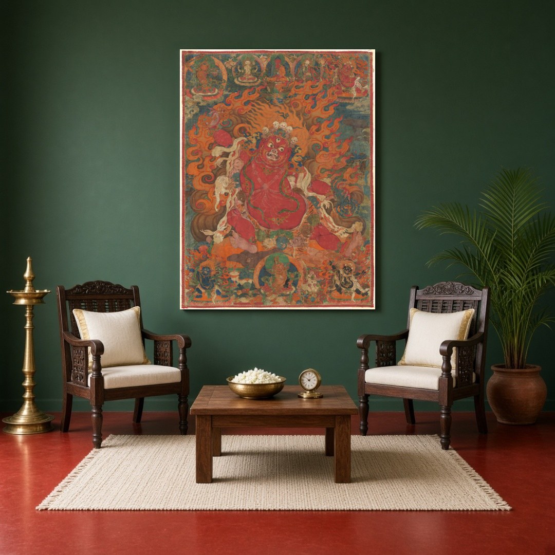 Immerse yourself in the potent energy of 'Fierce Protector of Enlightenment,' a captivating Thangka for Sitting Area