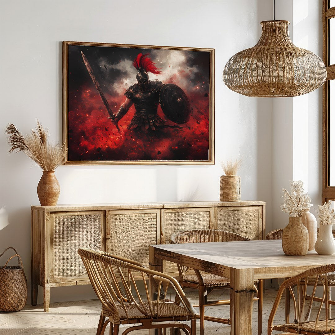 This mesmerizing artwork captures the intensity of a warrior engulfed in a storm of flames and for Dining