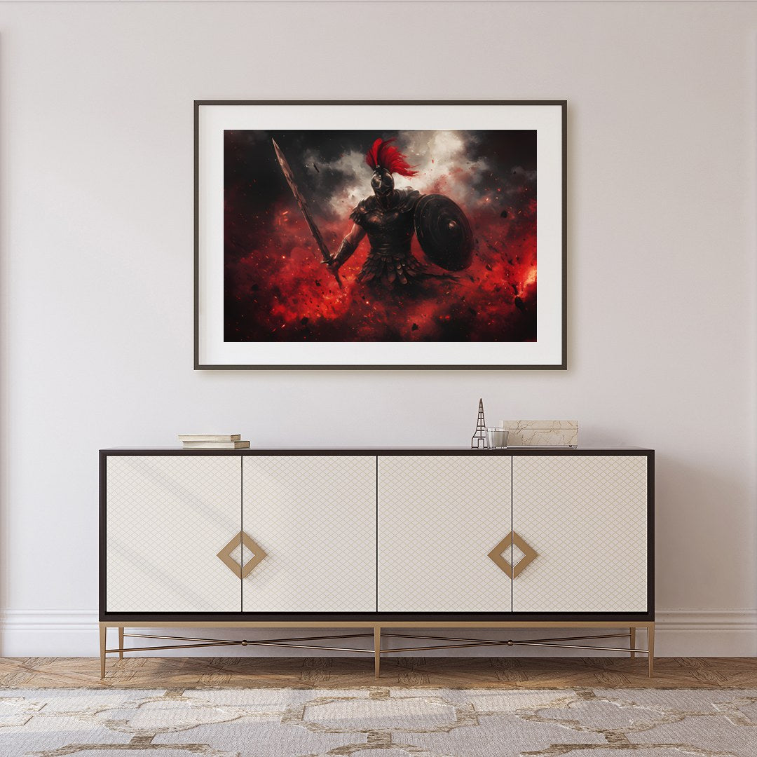 This mesmerizing artwork captures the intensity of a warrior engulfed in a storm of flames and for Foyer
