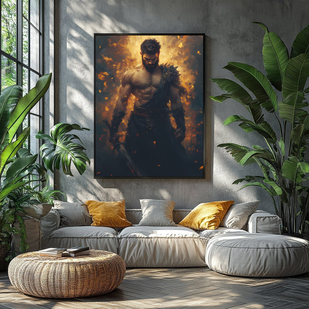 This breathtaking artwork captures the essence of a warrior enveloped in dynamic flames, for Balcony