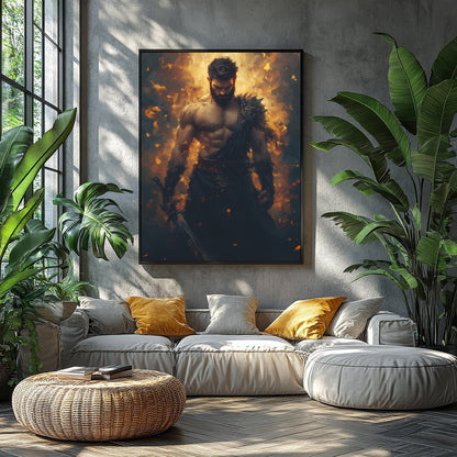This breathtaking artwork captures the essence of a warrior enveloped in dynamic flames, for Balcony