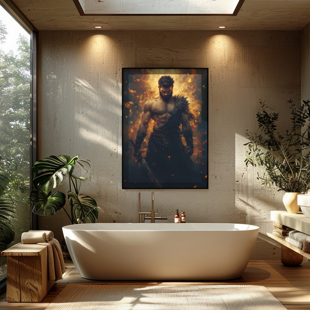 This breathtaking artwork captures the essence of a warrior enveloped in dynamic flames, for Bathroom