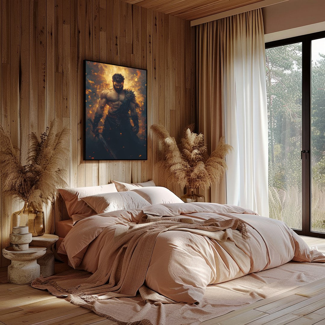 This breathtaking artwork captures the essence of a warrior enveloped in dynamic flames, for Bedroom