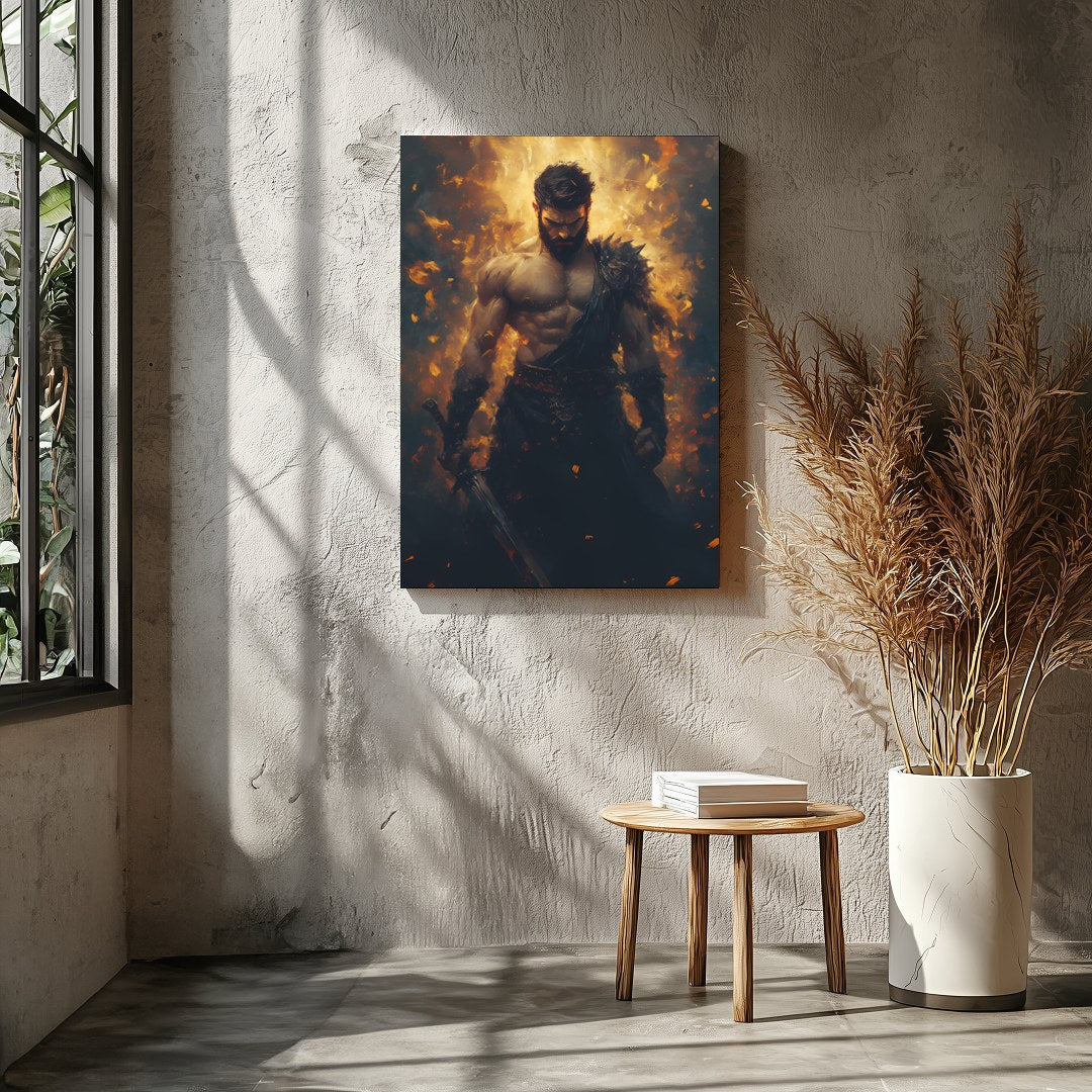 This breathtaking artwork captures the essence of a warrior enveloped in dynamic flames, for Entrance