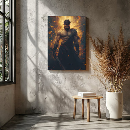 This breathtaking artwork captures the essence of a warrior enveloped in dynamic flames, for Entrance